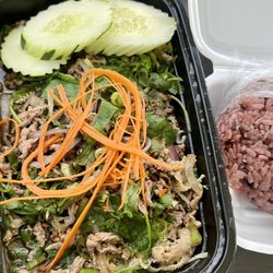 Hot-N-Spicy - Beef Laab with side of purple sticky rice