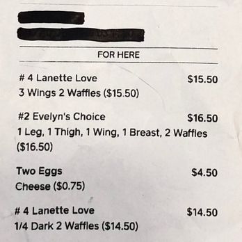 Randys Chicken And Waffles - Bill for two adults and two boys. Too pricey for bad service. - Soul Food Near Me - Lancaster, California Randys Chicken And Waffles - Bill for two adults and two boys. Too pricey for bad service. - Soul Food Near Me - Lancaster, California
