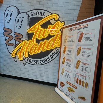 Two Hands Corn Dogs - Indianapolis - a menu and a sign - Fast Food Near Me - Indianapolis, Indiana