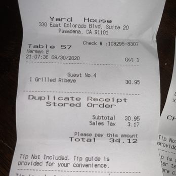 Yard House - My receipt - Bars Near Me - Pasadena, California Yard House - My receipt - Bars Near Me - Pasadena, California