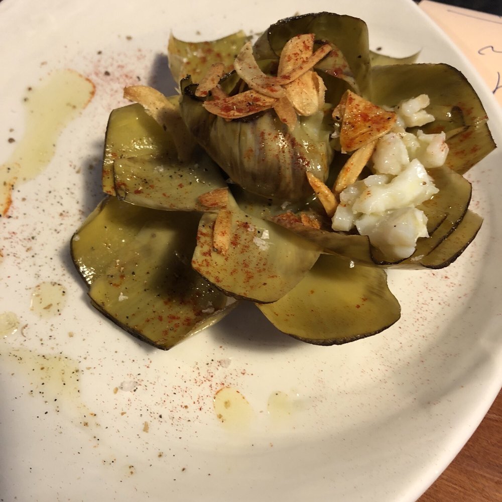 Eslava - Alcachofas con ajito fito y virutas de bacalao (artichokes with fried garlic and cod shavings) - good - Tapas Bars Near Me - Seville, SE Eslava - Alcachofas con ajito fito y virutas de bacalao (artichokes with fried garlic and cod shavings) - good - Tapas Bars Near Me - Seville, SE