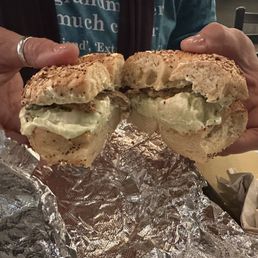 Jalapeno Cream cheese on Everything Bagel. Sausage not included.