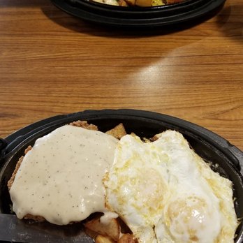 Denny's - Country fried steak with potatoes and eggs (bottom) and Chicken breast with bacon and potatoes (top). Both were good! - American Near Me - Hayward, California Denny's - Country fried steak with potatoes and eggs (bottom) and Chicken breast with bacon and potatoes (top). Both were good! - American Near Me - Hayward, California