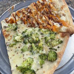 Buffalo chicken pizza and broccoli cheese pizza.