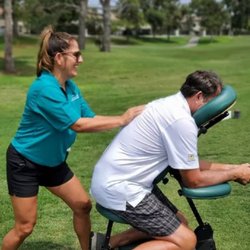 Balanced Professional Massage Therapy - Providing professional seated massages at a golf tournament in Orange County. It's a great way for your company to sponsor a hole.