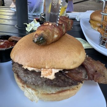 Me's burgers & brews - Hamburger with jalapeno aoilo, pimento cheese and bacon. - Burgers Near Me - Danville, Virginia Me's burgers & brews - Hamburger with jalapeno aoilo, pimento cheese and bacon. - Burgers Near Me - Danville, Virginia
