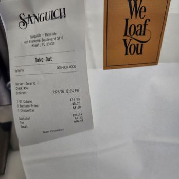 Sanguich - Cute little to go bag with our order receipt and total - Sandwiches Near Me - Miami, Florida
