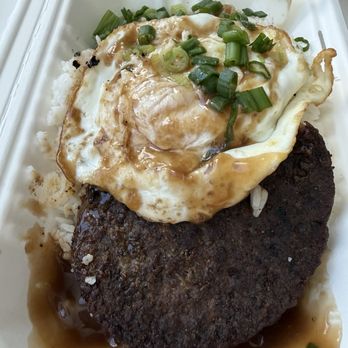 Blend Eatery - Overcooked beef patty but perfectly cooked over easy egg, gravy helped the dry rice not taste so dry - Filipino Near Me - Stanford, California
