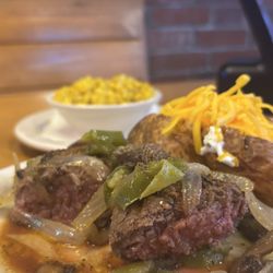 Texas Roadhouse - Filet* 6oz, Sauteed Onions & peppers, Baked Potato, Seasoned Corn