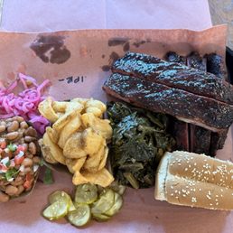 Ribs, pinto beans, fingerling fries, collard greens. Ribs, pinto beans, fingerling fries, collard greens.