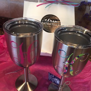 Tate and Tilly - Love these personalized wine glasses I had made for special friends. Perfect birthday gifts! - Gift Shops Near Me - Tampa, Florida Tate and Tilly - Love these personalized wine glasses I had made for special friends. Perfect birthday gifts! - Gift Shops Near Me - Tampa, Florida