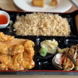 M Fusion - Bento Box Bang Bang Chicken Fried Rice Pork Fried Egg Roll CC Roll