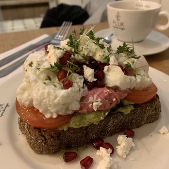Pluk Amsterdam - Healthy late lunch (avocado toast with tomato, hummus, poached egg. Feta and pomegranate)! - Cafes Near Me - Amsterdam, New Hampshire