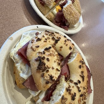 Life's A Bagel - Great brekkie!!! Pastrami and egg on onion bagel! - Delis Near Me - Las Vegas, Nevada