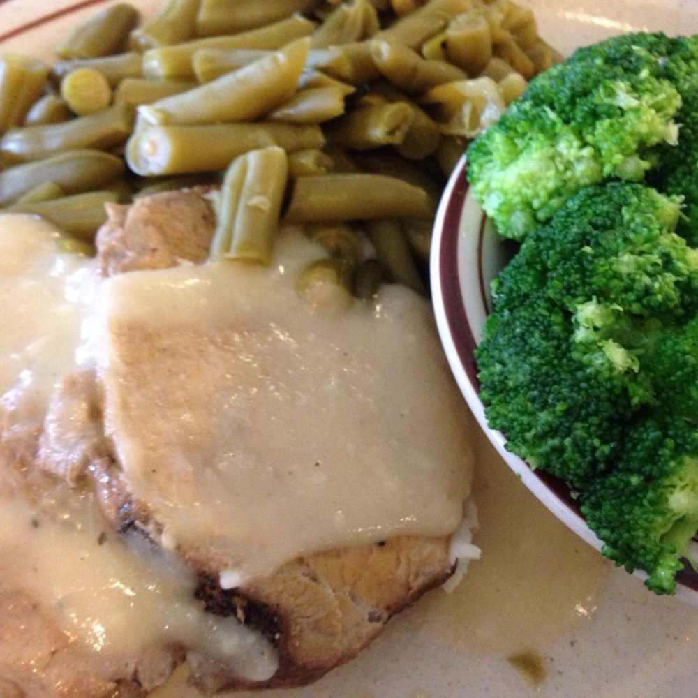 Pork Chops with green beans and broccoli + a salad for $8.99. Soooo delicious! Our waitress was a sweetheart, too! Pork Chops with green beans and broccoli + a salad for $8.99. Soooo delicious! Our waitress was a sweetheart, too!