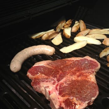 Union Pork Store - Porterhouse and Chicken  habanero pineapple sausages on the grill from Union Pork Store - Meat Shops Near Me - Union, New Jersey