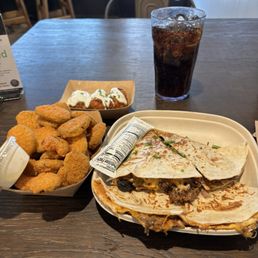 BBQ Quesadilla and fried pickles