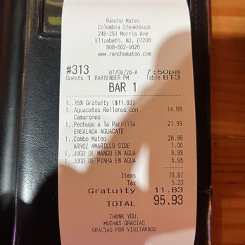 Rancho Mateo - 15% gratuity added to bill. Not posted anywhere. - Steakhouses Near Me - Elizabeth, New Jersey Rancho Mateo - 15% gratuity added to bill. Not posted anywhere. - Steakhouses Near Me - Elizabeth, New Jersey