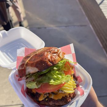 Last Vegan On Earth - Mushroom Swiss Burger (Pretzel Bun Special) - Vegan Near Me Last Vegan On Earth - Mushroom Swiss Burger (Pretzel Bun Special) - Vegan Near Me