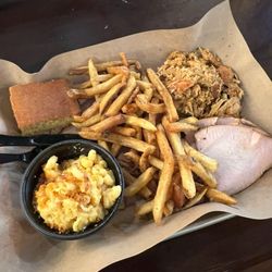Mission BBQ - Pulled chicken, turkey, fries, mac & cheese, cornbread