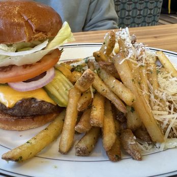 Maverick Jack's Burlingame - Maverick's Classic Hamburger with American cheese with Parmesan garlic fries - New American Near Me - Burlingame, California Maverick Jack's Burlingame - Maverick's Classic Hamburger with American cheese with Parmesan garlic fries - New American Near Me - Burlingame, California
