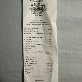 Hungry Fox - Our total, kinda high but I guess it's average these days. - Breakfast & Brunch Near Me - North Hollywood, California