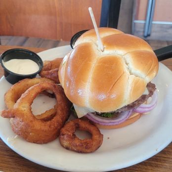 Denny's - A cheese burger with onion rings.. - Breakfast & Brunch Near Me - Palm Springs, California Denny's - A cheese burger with onion rings.. - Breakfast & Brunch Near Me - Palm Springs, California