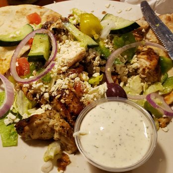 Mythos - Beef & Chicken Souvlaki Salad (minus a few bites) - Greek Near Me - Buffalo, New York