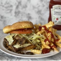Main Street Custom Cutting & Grill - Mushroom Swiss burger