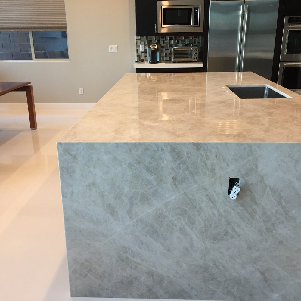 Mr Granite Construction - Our huge island countertop with waterfall legs, before completion. - General Contractors Near Me - Las Vegas, Nevada Mr Granite Construction - Our huge island countertop with waterfall legs, before completion. - General Contractors Near Me - Las Vegas, Nevada