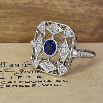 Mark Jewellers - Vintage platinum filigree diamond & sapphire ring from the Mark Jewellers estate collection. - Jewelry Near Me - La Crosse, Wisconsin