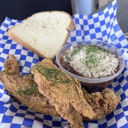 Catfish and red beans and rice. Ted Beans good taste season well.