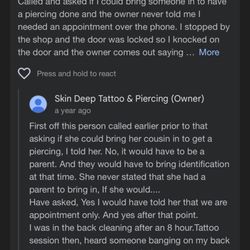 Skin Deep Tattoo And Piercing Studio - another bad review they got and their nasty response back
