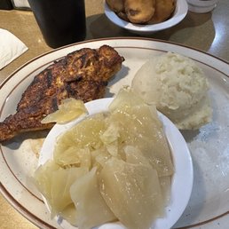 Blackened chicken, cabbage, mashed potatoes and fried squash Blackened chicken, cabbage, mashed potatoes and fried squash