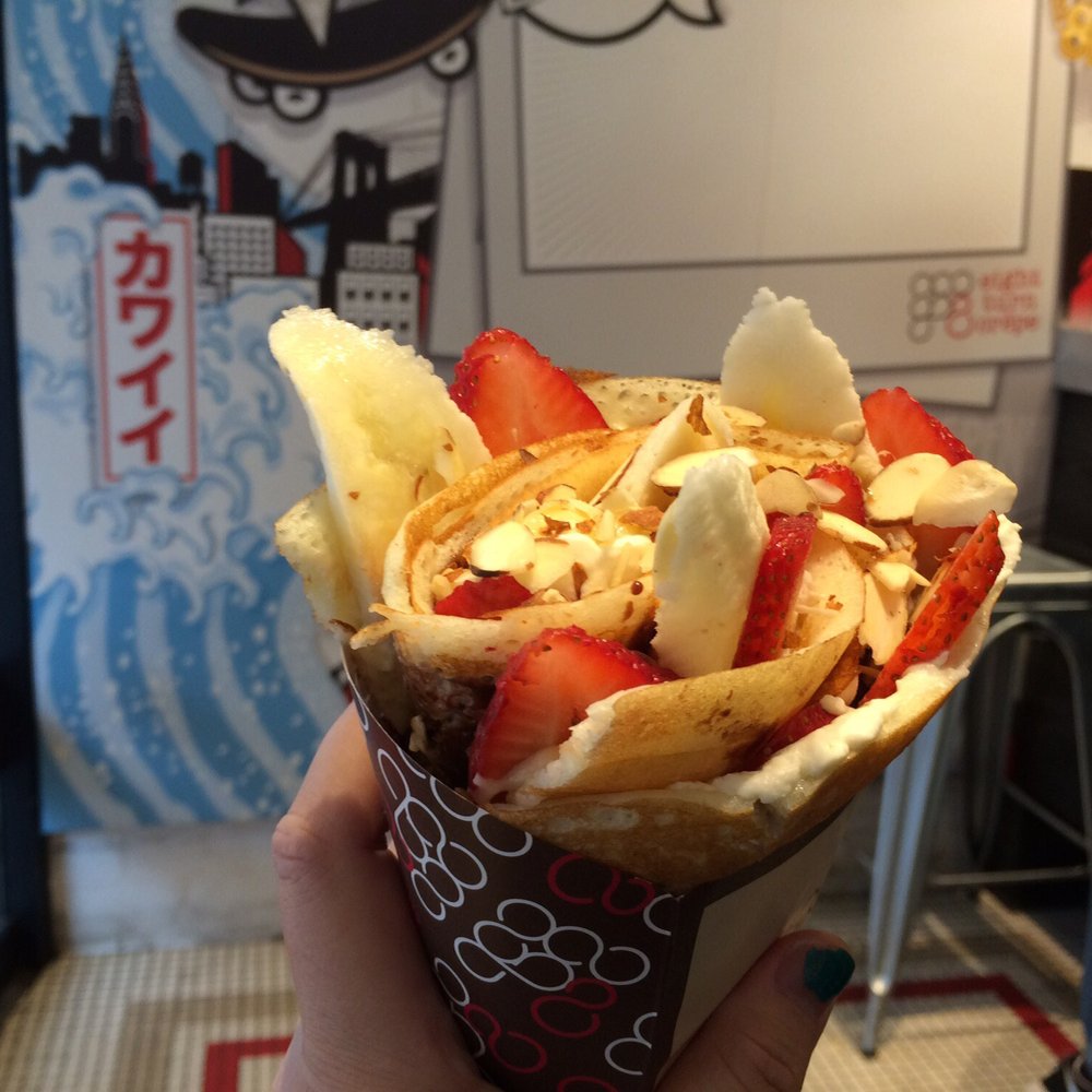 Eight Turn Crepe - Strawberry, Banana, Nutella, Whipped Cream, and Sliced Almonds Crepe - Creperies Near Me - Brooklyn, New York Eight Turn Crepe - Strawberry, Banana, Nutella, Whipped Cream, and Sliced Almonds Crepe - Creperies Near Me - Brooklyn, New York