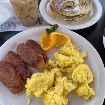 Stacks Pancake House - Portuguese sausage, scrambled eggs, and Mac nut pancakes with iced coffee. - Breakfast & Brunch Near Me - Irvine, California