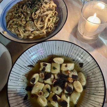 Wasuta Pasta - Top to bottom: Fettuccine Scallop Uni Creme Sauce, Black Truffle Gnocchi - Japanese Near Me - Richmond, British Columbia