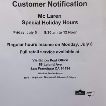 US Post Office - Special Holiday Hours Effective Friday, July 5, 2013 ONLY! - Post Offices Near Me - San Francisco, California US Post Office - Special Holiday Hours Effective Friday, July 5, 2013 ONLY! - Post Offices Near Me - San Francisco, California