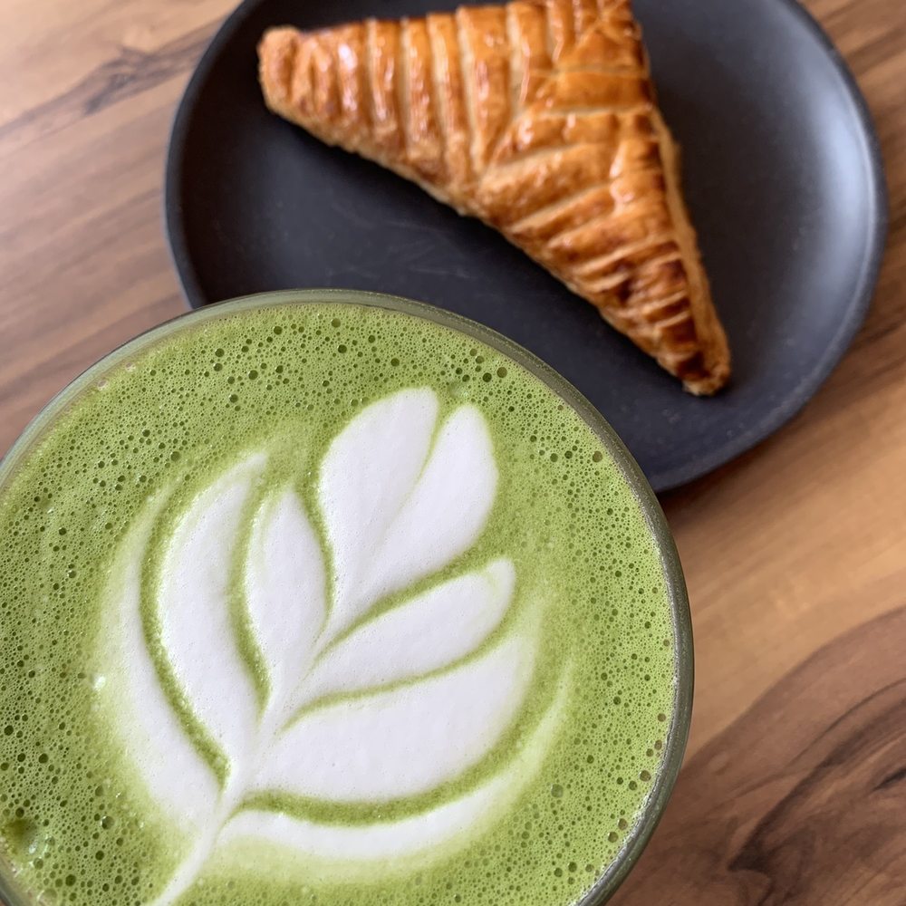 Matcha latte and apple turnover Matcha latte and apple turnover