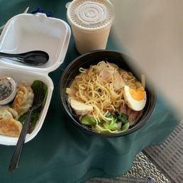 Fried dumplings and double chili ramen partially eaten