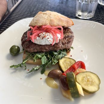 Monti's - Grilled Lamb Burger, Feta Cheese, Cucumber Tzatziki, Arugula - Mediterranean Near Me - Santa Rosa, California