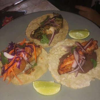 Ictio - 2 catch of the day tacos ictio style and one taco Shrimp style - Seafood Near Me - Playa del Carmen, ROO