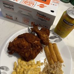 Fried chicken, Mac n cheese, yuca Frita, and rice. Fried chicken, Mac n cheese, yuca Frita, and rice.