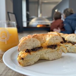 Bearpaw River Brewing - Mushroom, egg, cheese on an Asiago bagel