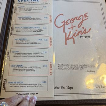 George + Kin's Diner - Blue Plate Special Menu, from 4 pm to close. Includes free corkage fees. - Diners Near Me - Napa, California George + Kin's Diner - Blue Plate Special Menu, from 4 pm to close. Includes free corkage fees. - Diners Near Me - Napa, California