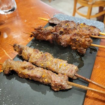 Enkari - Lamb (left), spicy beef (middle), chicken heart (right) skewers - Barbeque Near Me - Honolulu, Hawaii Enkari - Lamb (left), spicy beef (middle), chicken heart (right) skewers - Barbeque Near Me - Honolulu, Hawaii
