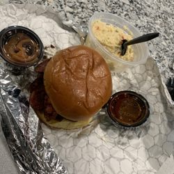 Pat's BBQ - Sausage sandwich with pickled onions and potato salad