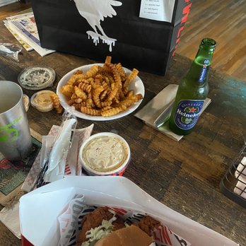 Howlin' Ray's - The  sando chicken sandwich , macaroni salad and seasoned fries. - Southern Near Me - Los Angeles, California