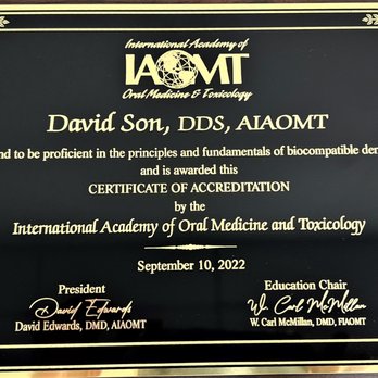 David Son, DDS - Certificate of Accreditation by IAOMT - Cosmetic Dentists Near Me - Irvine, California David Son, DDS - Certificate of Accreditation by IAOMT - Cosmetic Dentists Near Me - Irvine, California