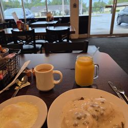 I had the double biscuits and sausage gravy with 2 over medium eggs Orange juice and Coffee.